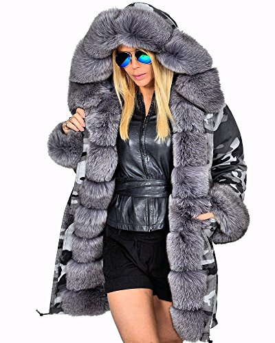 Roiii Women Winter Camouflage Thick Gray Fur Parka Long Hooded Jacket Coat