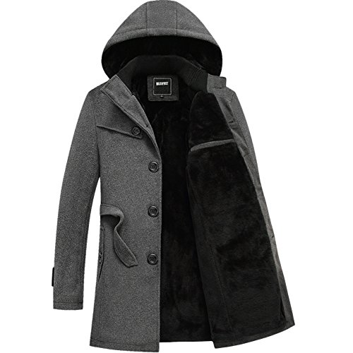 Mens Winter Thick Warm Hooded Woolen Coat Faux Fur Lined Overcoat