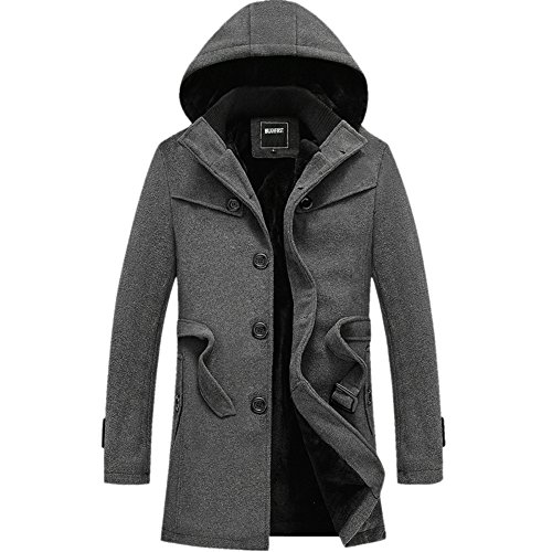 Mens Winter Thick Warm Hooded Woolen Coat Faux Fur Lined Overcoat