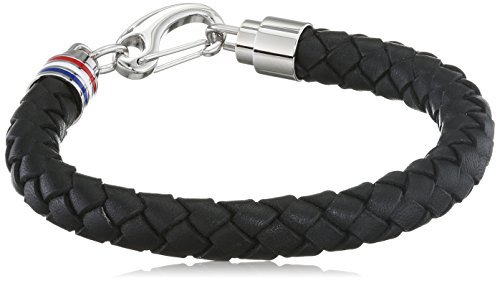 Tommy Hilfiger Men&#39;s Black Braided Leather Bracelet with Stainless-Steel Closure