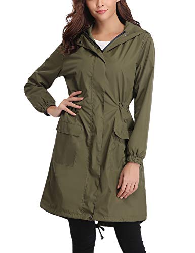 Womens Long Rain Jacket Waterproof Lightweight Raincoats Outdoor Hoodie Solid Color Windbreaker Trench Coats 
