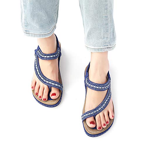 Camfosy Women Flat Sandals Summer Rhinestone T-bar Slippers Clip Toes ...