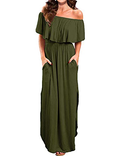 KIDSFORM Women Maxi Dress Long Sleeve Off Shoulders Ruffles Side Split Long Dress with Pockets 