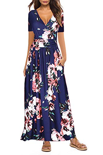 Yidarton Women Maxi Dresses Summer V Neck Short Sleeve Floral Print ...