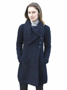 Aran Crafts Women's Cable Knit Soft Collar 3 Button Coat (100% Merino Wool)
