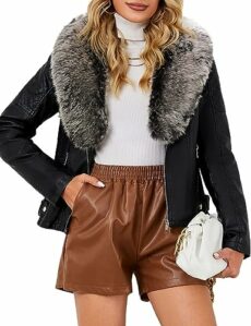 BELLIVERA Women Faux Suede Leather Jacket Motorcycle Biker Sherpa-Lined Coat with Detachable Fur Collar