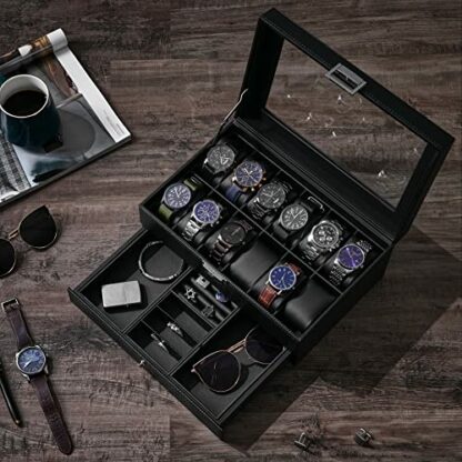 BEWISHOME Watch Box Organizer with Valet Drawer - Real Glass Top, Adjustable Tray, Metal Hinge, Carbon Fiber Design - 12 Slots Watch Storage Case for Men, Black SSH02C - Image 3