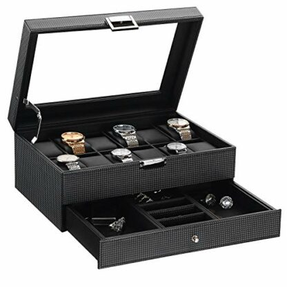 BEWISHOME Watch Box Organizer with Valet Drawer - Real Glass Top, Adjustable Tray, Metal Hinge, Carbon Fiber Design - 12 Slots Watch Storage Case for Men, Black SSH02C - Image 2