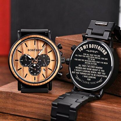 BOBO Bird Mens Personalized Engraved Wooden Watches, Stylish Wood & Stainless Steel Combined Quartz Casual Wristwatches for Men Family Friends Customized Watch - Image 3