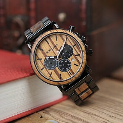 BOBO Bird Mens Personalized Engraved Wooden Watches, Stylish Wood & Stainless Steel Combined Quartz Casual Wristwatches for Men Family Friends Customized Watch - Image 4