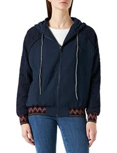 Desigual Women's Blue Larisa Hooded Jacket with Embroidered Lace Sleeves L