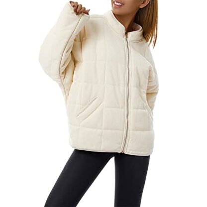 Fylovery Women Stand Collar Quilted Jackets Solid Color Long Sleeve Full Zip Padded Coat Fall Winter Lightweight Jacket Outerwear - Image 4