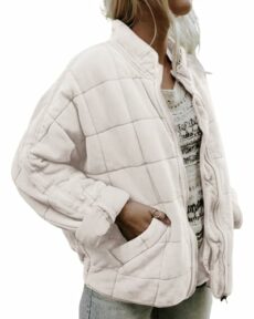 Fylovery Women Stand Collar Quilted Jackets Solid Color Long Sleeve Full Zip Padded Coat Fall Winter Lightweight Jacket Outerwear