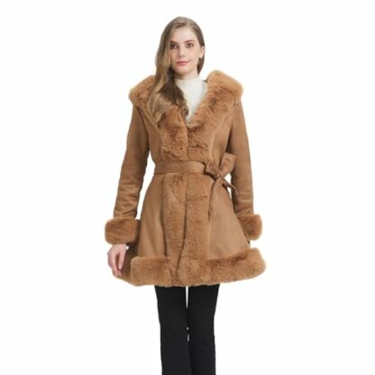 GRAN ORIENTE Women's Faux Leather Jacket with faux fur coat Collar Long Sleeve Parka with Pockets Warm Winter Coat with Belt - Image 3