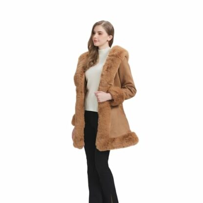 GRAN ORIENTE Women's Faux Leather Jacket with faux fur coat Collar Long Sleeve Parka with Pockets Warm Winter Coat with Belt - Image 4