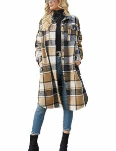 Himosyber Women's Casual Plaid Lapel Woolen Button Up Pocketed Long Shacket Coat