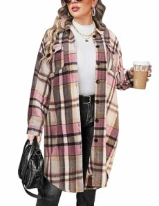 IN'VOLAND Womens Plus Size Flannel Plaid Shirts Long Sleeve Lounge Lapel Boyfriend Button Down Tartan Long Jacket Coats