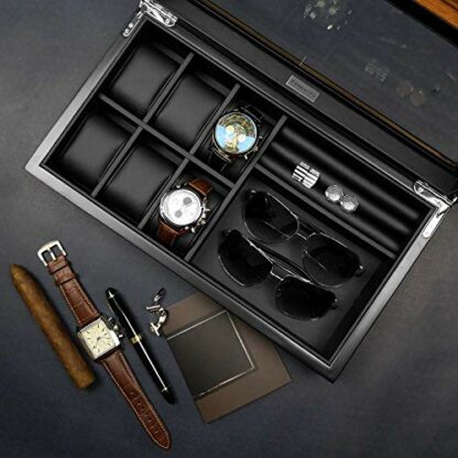 Lifomenz Co Watch Jewelry Box for Men 6 Slot Watch Box,6 Watch Case 8 Pair Cufflinks and Sunglasses Display Box,Wood Large Watch Display Case Organizer with Real Glass Window Top - Image 4