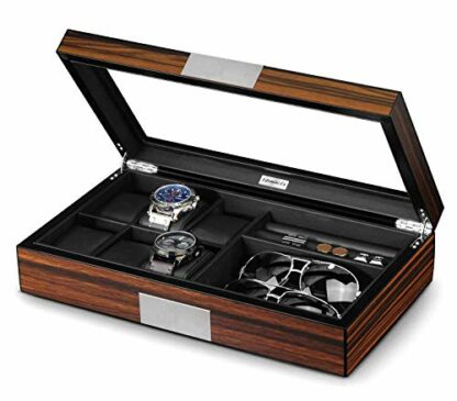 Lifomenz Co Watch Jewelry Box for Men 6 Slot Watch Box,6 Watch Case 8 Pair Cufflinks and Sunglasses Display Box,Wood Large Watch Display Case Organizer with Real Glass Window Top - Image 2