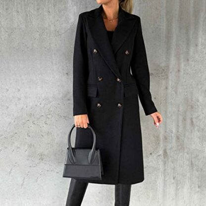 Long-sleeved wool coat with double-breasted buttons,Women's Double Breasted Long Trench Coat Windproof Classic Lapel Slim Overcoat - Image 3