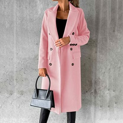 Long-sleeved wool coat with double-breasted buttons,Women's Double Breasted Long Trench Coat Windproof Classic Lapel Slim Overcoat - Image 4