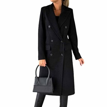 Long-sleeved wool coat with double-breasted buttons,Women's Double Breasted Long Trench Coat Windproof Classic Lapel Slim Overcoat - Image 2
