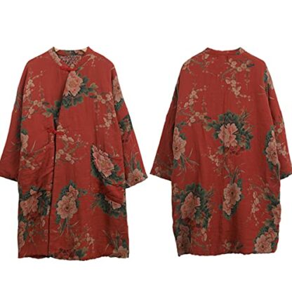 NFYM Women Cotton Jacket Kimono Style Soft Quilted Flower Printed Long Loose Outwear Coats with Pockets, Red, One Size - Image 4