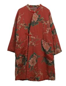 NFYM Women Cotton Jacket Kimono Style Soft Quilted Flower Printed Long Loose Outwear Coats with Pockets, Red, One Size