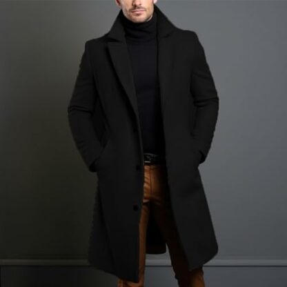 NbgrvB Luxury Long Black Overcoat for Men, Single Breasted Wool Blends Trench Coat - Image 3