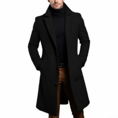 NbgrvB Luxury Long Black Overcoat for Men, Single Breasted Wool Blends Trench Coat