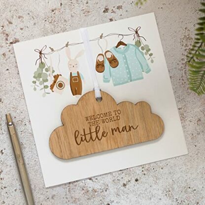 New Baby Girl/Baby Boy Card With Wooden Hanging Cloud Plaque Keepsake - Welcome To The World Little Lady/Little Man Gift - Image 3