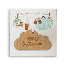 New Baby Girl/Baby Boy Card With Wooden Hanging Cloud Plaque Keepsake - Welcome To The World Little Lady/Little Man Gift