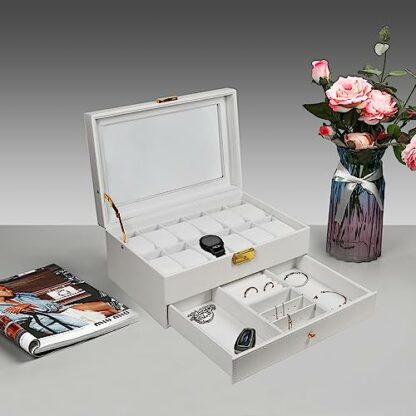 Ogrmar 12 Slot PU Leather Lockable Watch Storage Boxes, Men & Women Jewelry Display Drawer Case, 2-tier Organizer Watch Showcase with Glass Lid - Image 3