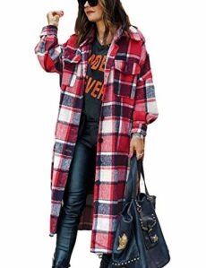 PUWEI Women's Casual Lapel Button Down Long Plaid Shirt Coat Tartan Shacket Jacket
