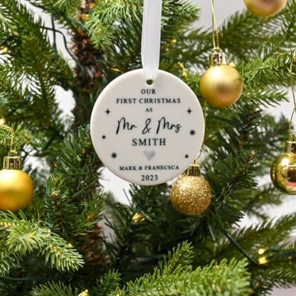 Personalised First Christmas as Mr and Mrs Bauble, Custom 1st Christmas Married Ornament, 1st Xmas Newlywed Christmas Ornament, 1st Xmas Married, Just Married 3 Personalised First Christmas as Mr and Mrs Bauble, Custom 1st Christmas Married Ornament, 1st Xmas Newlywed Christmas Ornament, 1st Xmas Married, Just Married - Image 3