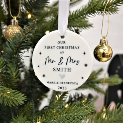 Personalised First Christmas as Mr and Mrs Bauble, Custom 1st Christmas Married Ornament, 1st Xmas Newlywed Christmas Ornament, 1st Xmas Married, Just Married 4 Personalised First Christmas as Mr and Mrs Bauble, Custom 1st Christmas Married Ornament, 1st Xmas Newlywed Christmas Ornament, 1st Xmas Married, Just Married - Image 4