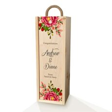 Personalised Wooden Wine Box with Woolwool filling and Rope carry handle - Floral Wedding, Engagement, Anniversary or Birthday Gift
