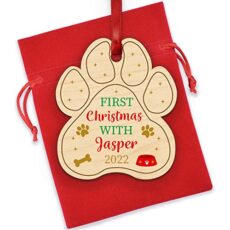 Puppy Dog Paw Print Personalised Christmas Tree Decoration - 1st First Christmas Dog Pawprint Decoration - Printed Wood Christmas Tree Ornament - Christmas Gifts for Dog Puppy Pug Labrador Retriever