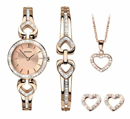SEKONDA Womens 26mm Stone Set Rose Gold Watch Gift Set with Heart Bracelet Earrings and Necklace 2 SEKONDA Womens 26mm Stone Set Rose Gold Watch Gift Set with Heart Bracelet Earrings and Necklace - Image 2