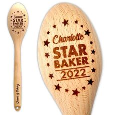 Star Baker Personalised Wooden Spoon Baking Gift, Prize or Bake Off Winners Trophy 2023, 2024. Custom Engrave Any Name or Message on Handle, 12 inches with Hole for Hanging