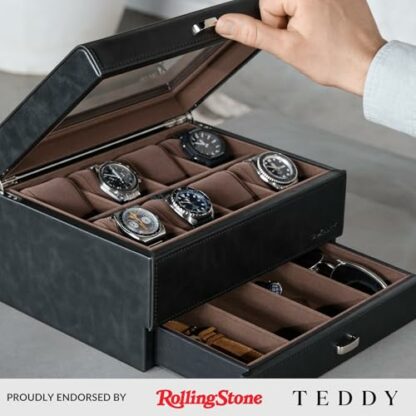 TAWBURY 12 Grid Watch Box for Men – Faux Leather Watch Display Case 12 | Watch Cases for Men | Mens Watch Storage Box | Mens Watch Box 12 - Image 3