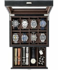 TAWBURY 12 Grid Watch Box for Men – Faux Leather Watch Display Case 12 | Watch Cases for Men | Mens Watch Storage Box | Mens Watch Box 12