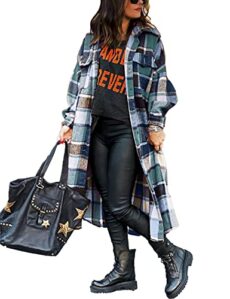 Uaneo Womens Casual Plaid Button Down Long Puff Sleeve Long Trench Coats Shackets