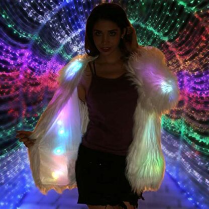 Women Faux Fur Outwear Winter Light Up Burning Glow Fluffy Sparking Rainbow LED Costume Waistcoat - Image 3