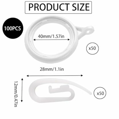 100 Pcs Curtain Hooks, Curtain Rings and Hooks, Curtain Rings, Curtain Hooks Plastic, White Curtain Rings, Curtain Hooks and Rings, Plastic Curtain Hooks, Hooks for Curtains - Image 3