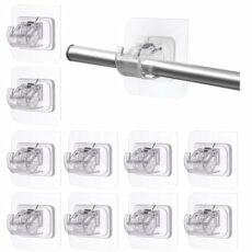 10pcs No Drill Curtain Poles Brackets, Self Adhesive Curtain Pole Hooks, Transparent Curtain Rod Bracket Holder, Adjustable Curtain Pole Brackets for Kitchen Bedroom Bathroom
