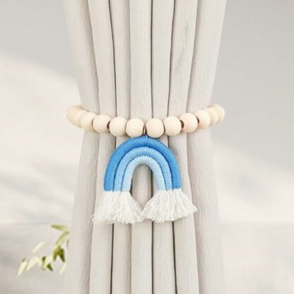 2PCS Curtain Tie Backs, Curtain Tiebacks with Rainbow Tassel Pendant, Wooden Beaded Tie Backs for Curtains, No Punching Curtain Holdbacks Window Treatment for Bedroom Nursery Farmhouse Boho Decor - Image 4