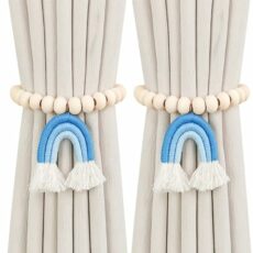 2PCS Curtain Tie Backs, Curtain Tiebacks with Rainbow Tassel Pendant, Wooden Beaded Tie Backs for Curtains, No Punching Curtain Holdbacks Window Treatment for Bedroom Nursery Farmhouse Boho Decor