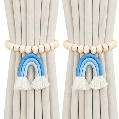 2PCS Curtain Tie Backs, Curtain Tiebacks with Rainbow Tassel Pendant, Wooden Beaded Tie Backs for Curtains, No Punching Curtain Holdbacks Window Treatment for Bedroom Nursery Farmhouse Boho Decor - Image 2