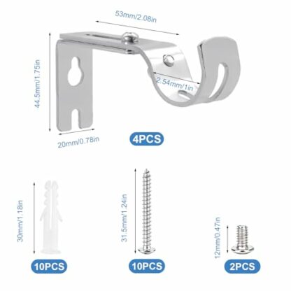 4 Pcs Curtain Pole Brackets Heavy Duty, Adjustable Curtain Rod Brackets for 25mm Poles, Silver Metal Curtain Pole Holders, Wall Rod Brackets, Curtain Rod Hanging Brackets Supports, Silver - Image 3